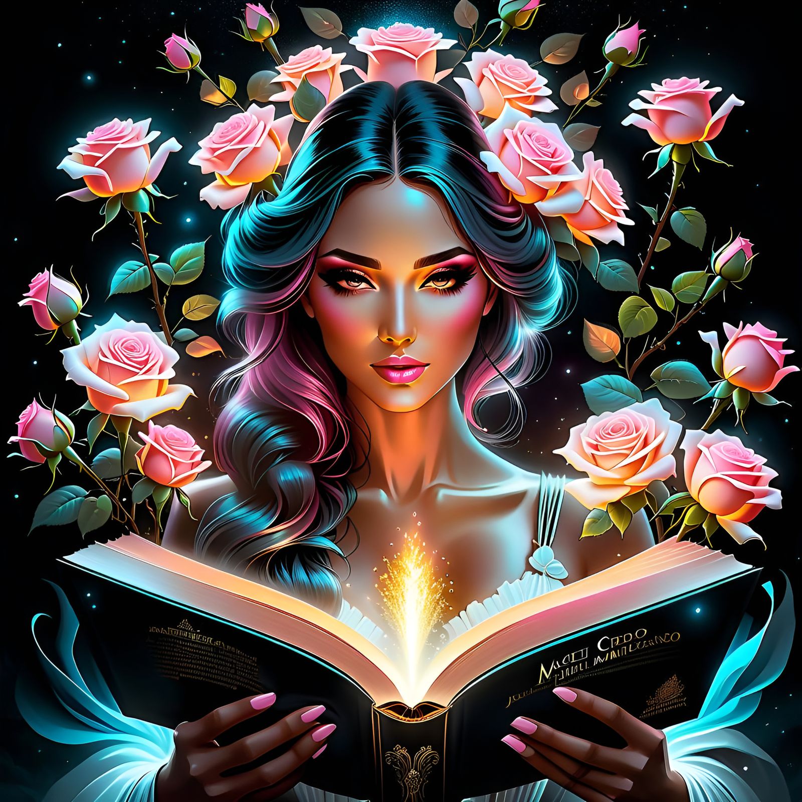 an open book, A beautiful bouquet of roses, their petals a s...