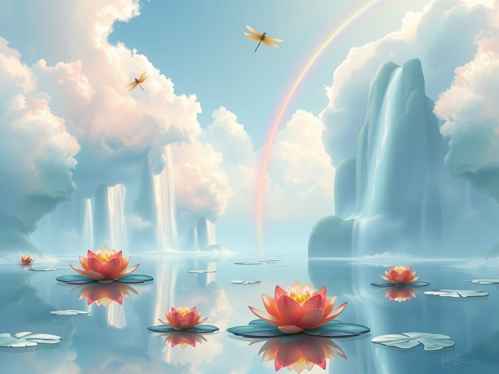 Ethereal Waterfalls Cascade in Fantasy Realism Style