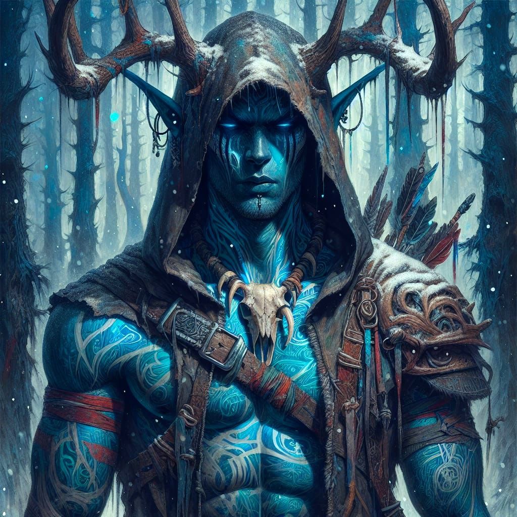 Mysterious Blue-Skinned Druid in Urban Punk Style