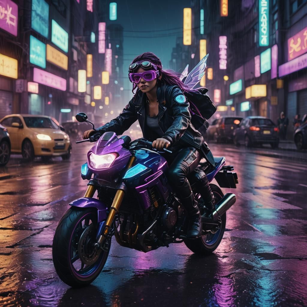 Cyberpunk Fairy Rides Motorcycle in Neon Cityscape