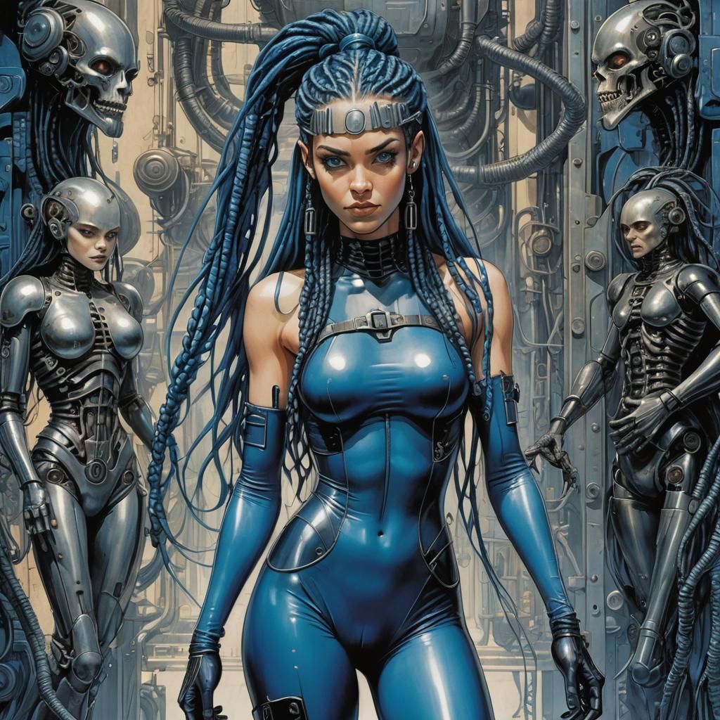 Futuristic Blue-Haired Woman in Comic Art Style