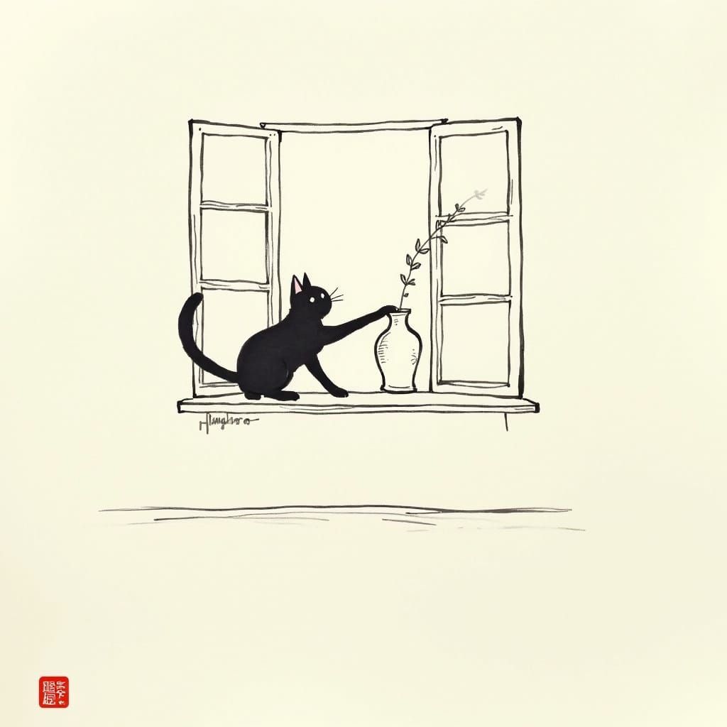Mischievous Cat in Sumi-e Ink Painting Style