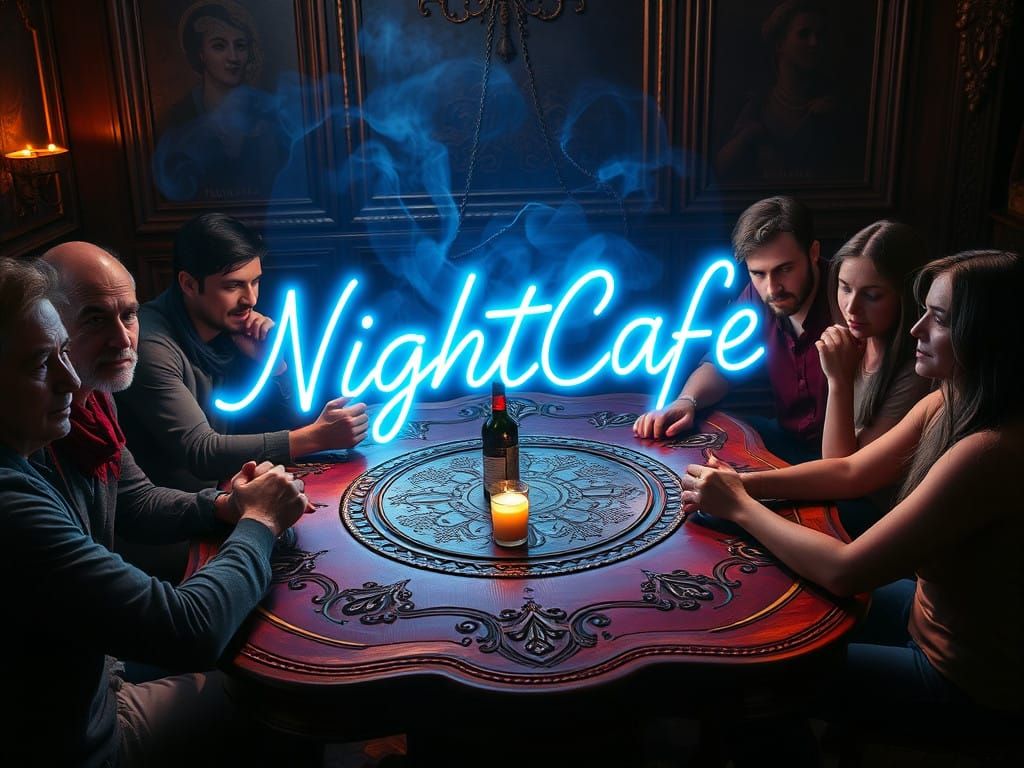 Friends Conjure Ethereal Image at Seance in Neon Font