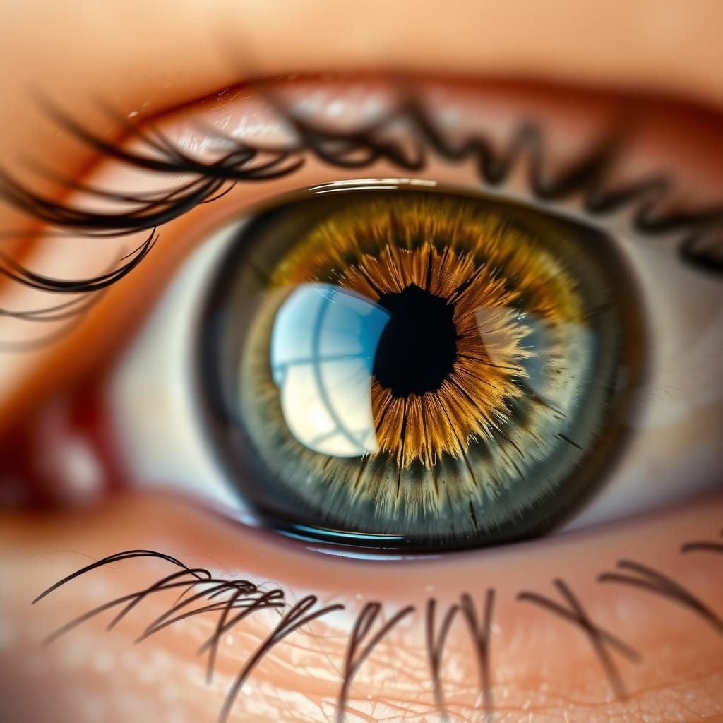 Stright front view,  Extreme close-up of a  hazel colored iris of a human eye. intricate detail in the iris. Color varia...