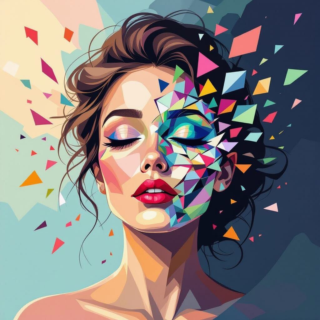 Abstract Woman's Face Breaking into Geometric Shapes
