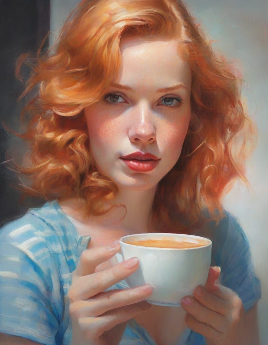 Strawberry Blonde Young Woman Enjoys Coffee in a Hyper-Reali...