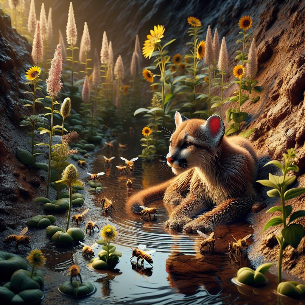 Cougar Cubs Playing near Creek with Sunflowers