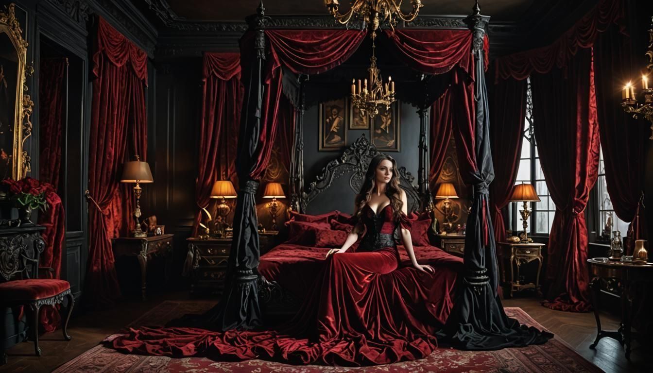 Brunette in G-String in Gothic Bedroom