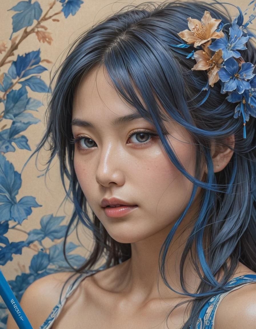 Blue Pencil Portrait of a Japanese Woman