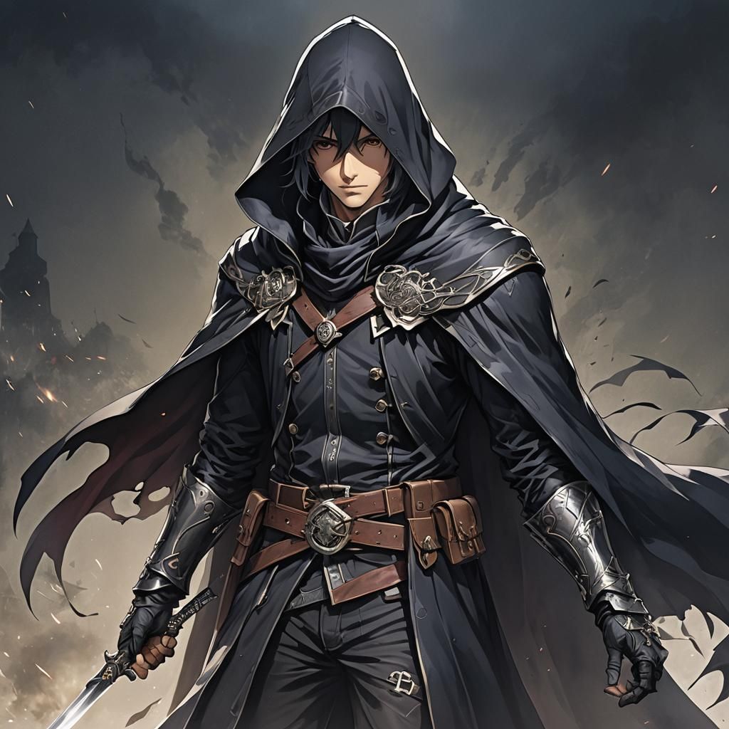 Anime-Style Male Assassin in Dark Cloak