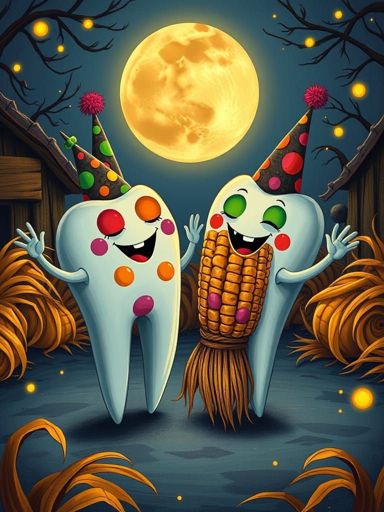 Whimsical Teeth Dance with a Corn Broom in a Folk-Art Moonli...