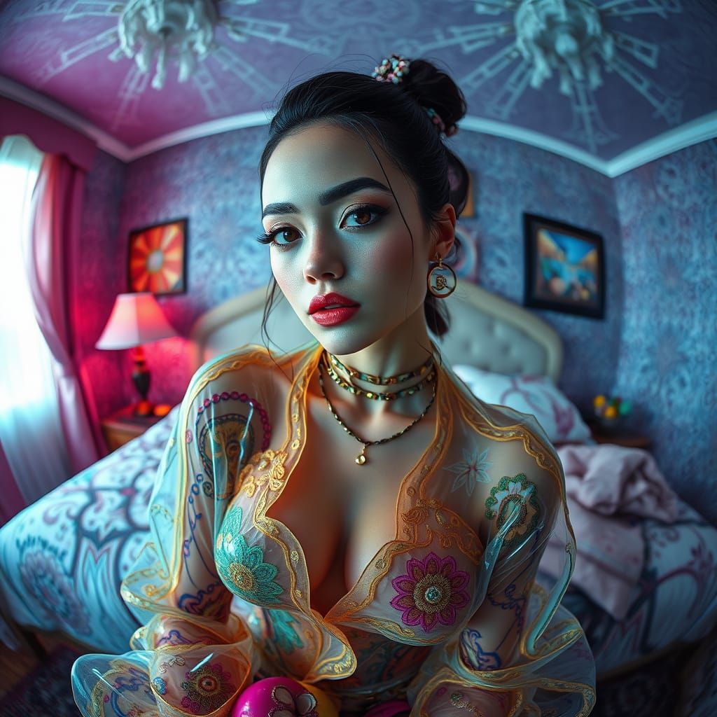 Dreamy Princess in Vibrant, Psychedelic Bedroom