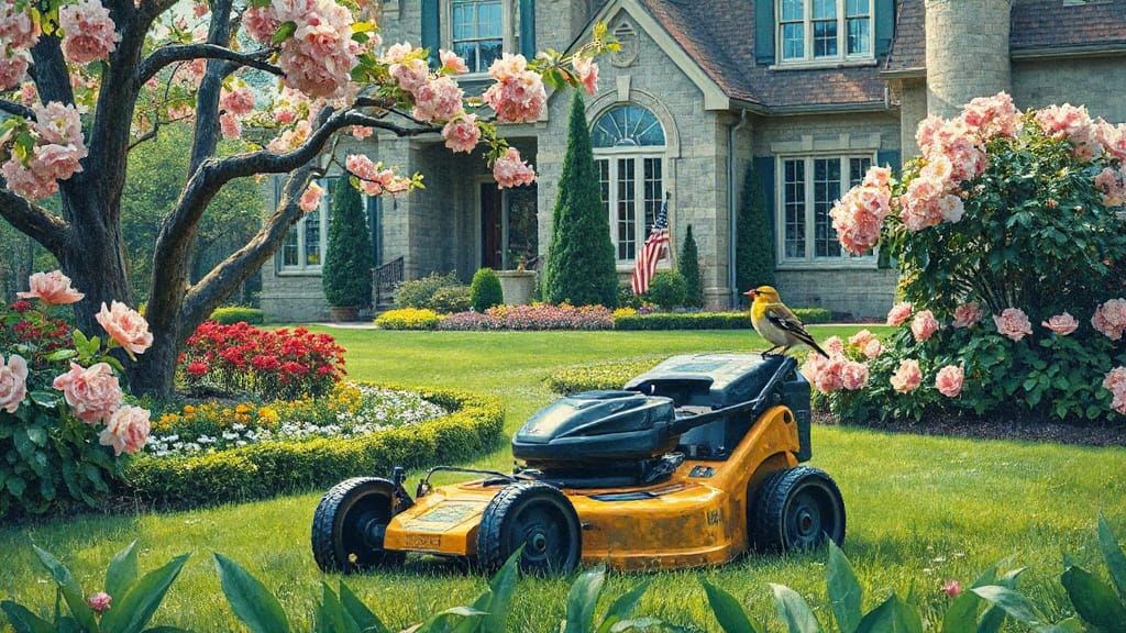 Finch on Robot Mower in Lush Garden, Impressionist Oil Paint...