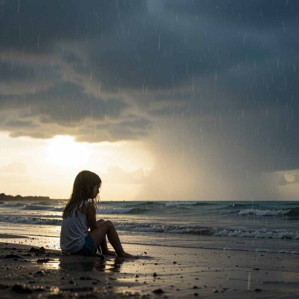 Girl on Shore During Heavy Rain, Cinematic Film Still