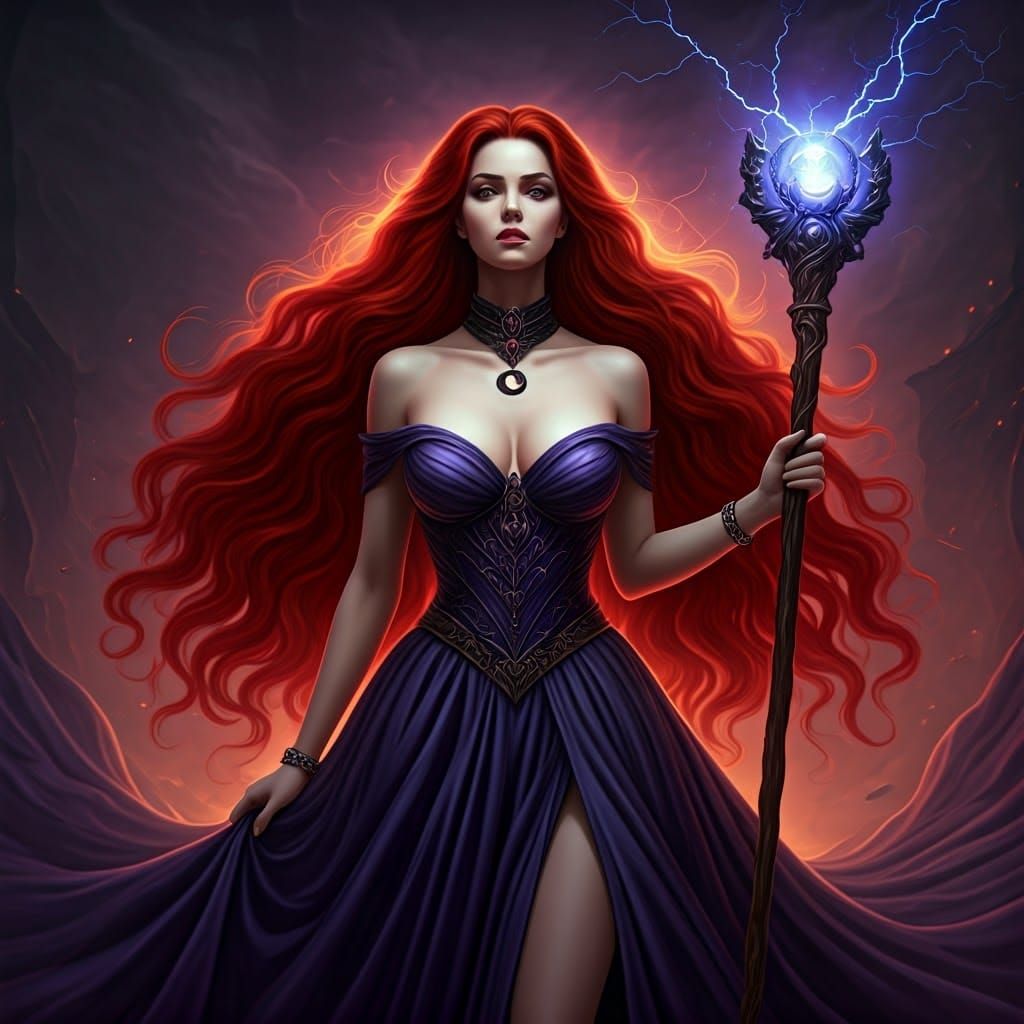 Regal Dark Fantasy Goddess with Crimson Locks and Electric S...