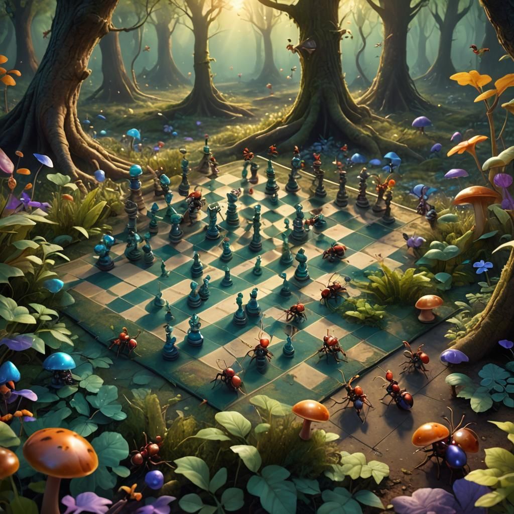 Magical Ants Play Chess in Dreamlike Forest