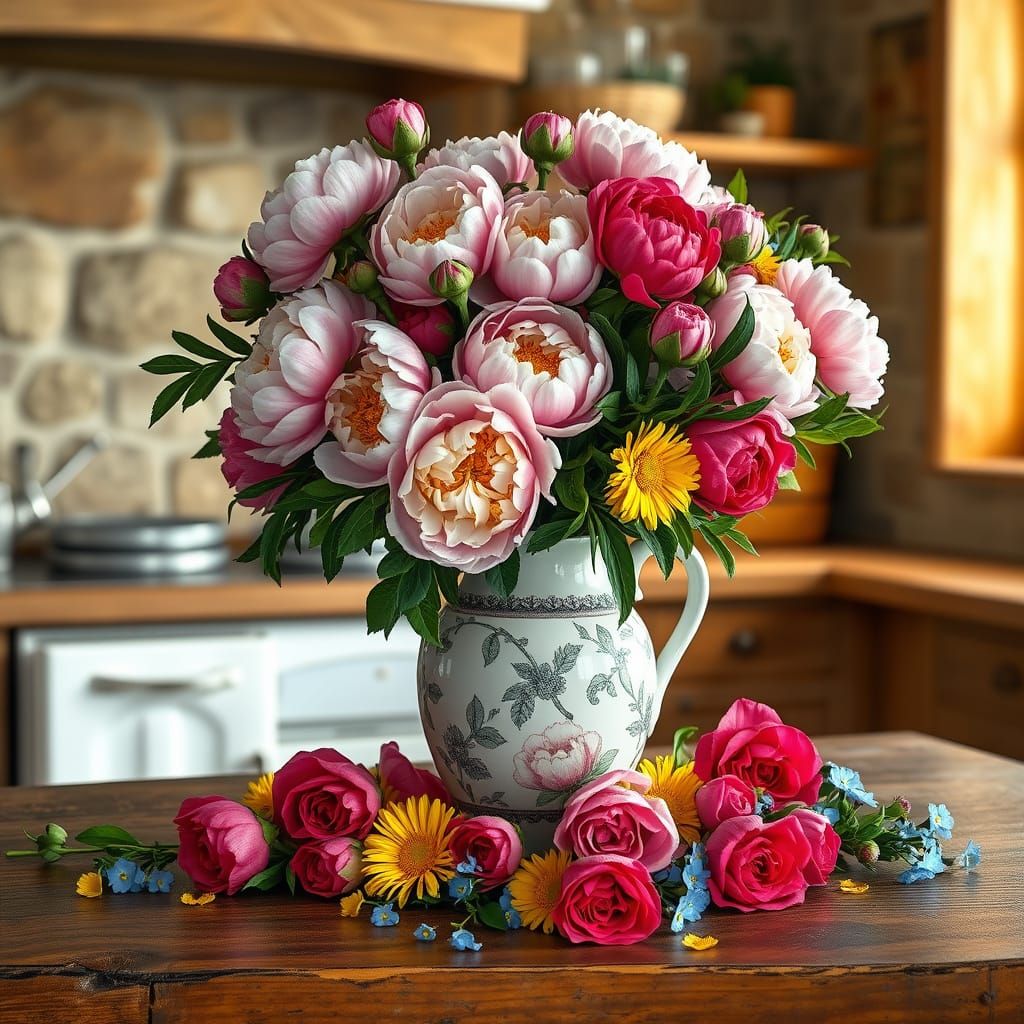 Vibrant Country Kitchen Still Life with Antique Vase and Fre...