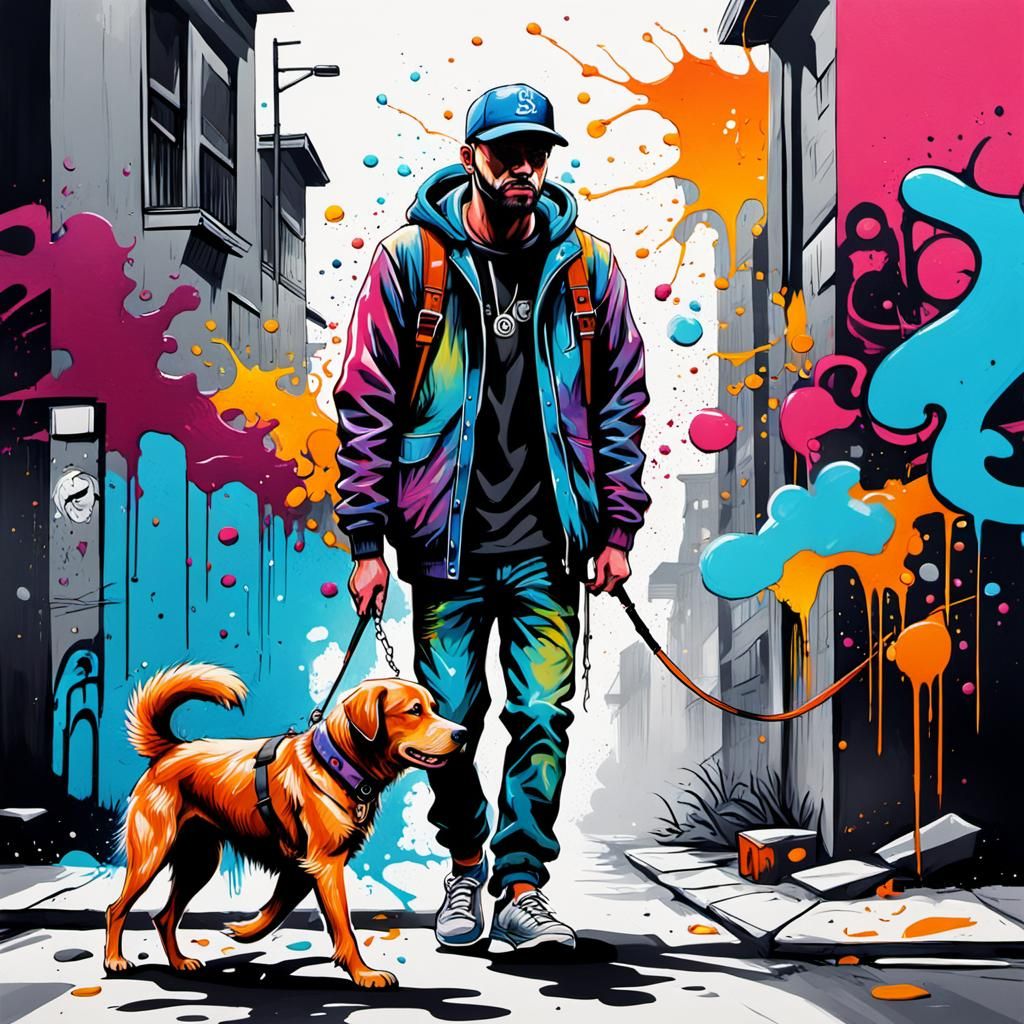 Man Walking Dog in Graffiti Splash Art Style