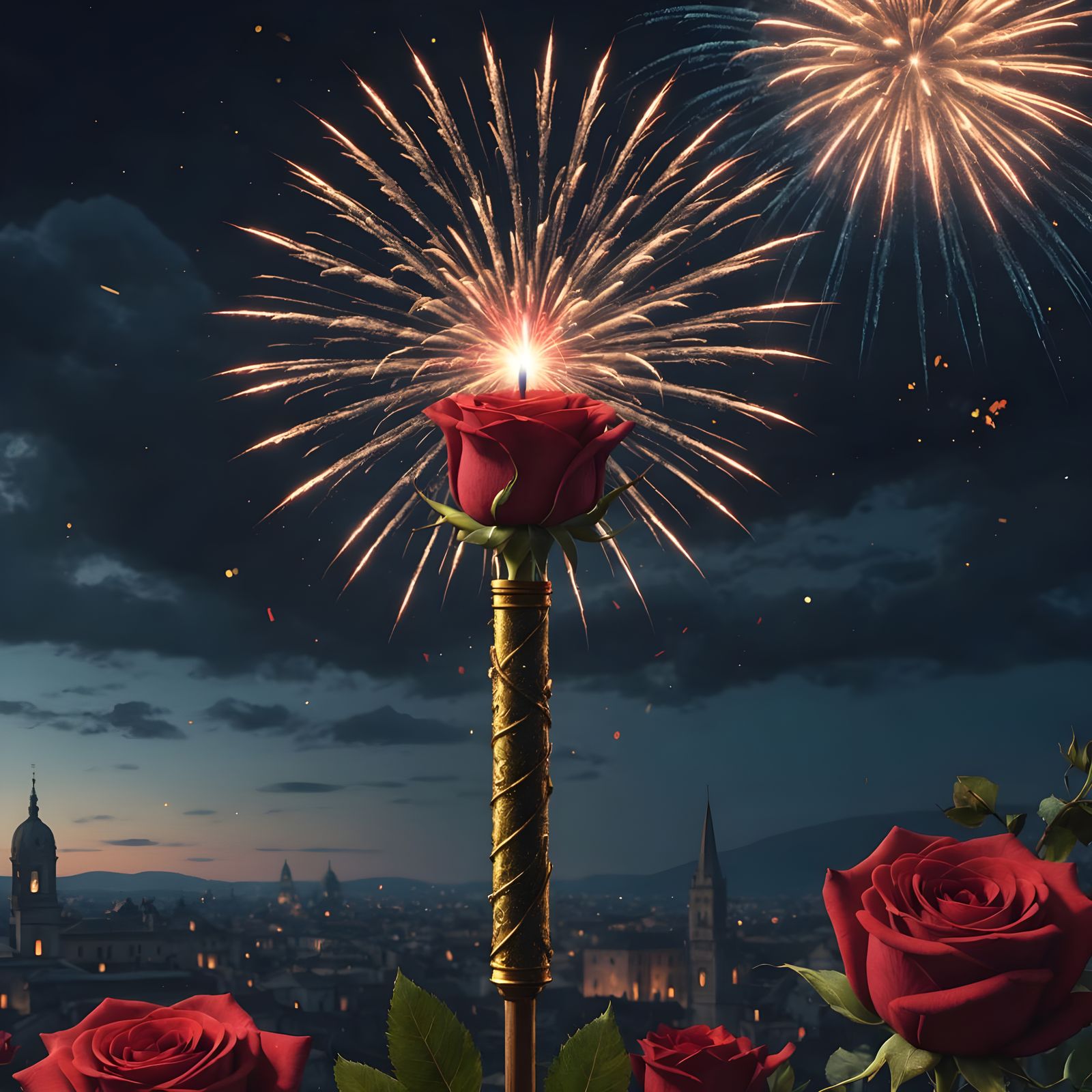 Surreal Still Life with Firework, Watch, and Rose