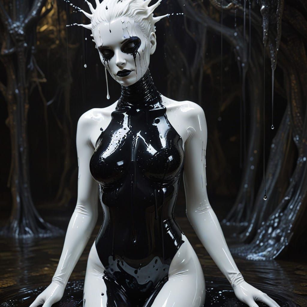 Surreal Goddess Emerges from Dark, Shimmering in Latex and B...