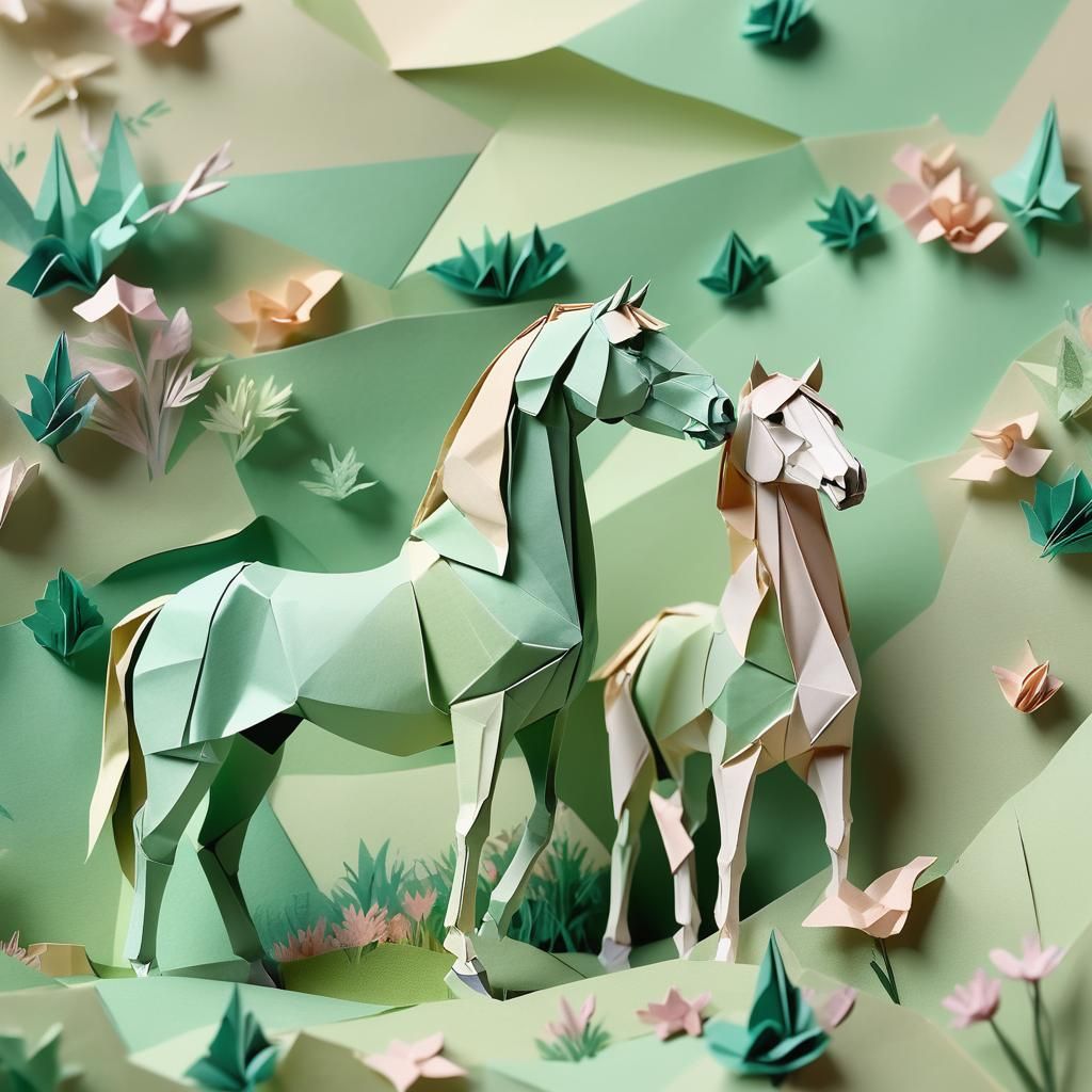 Delicate Paper Horses in a Soft Focus Meadow Scene