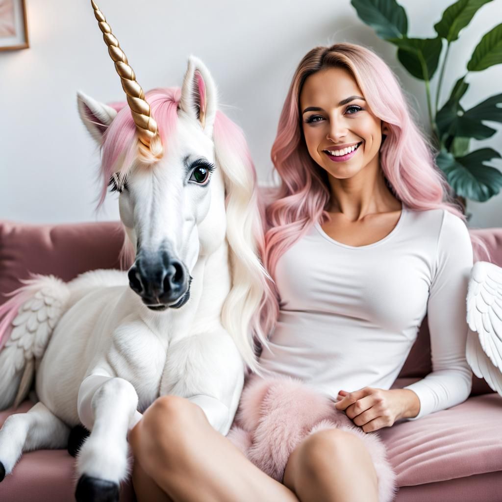 Woman and Tiny Winged Unicorn Relaxing on Couch