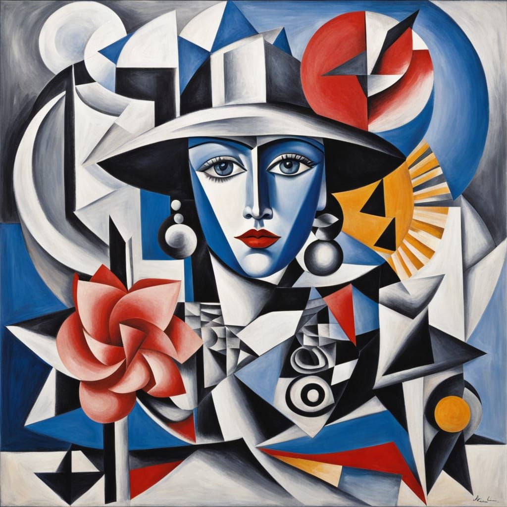 Cubist Portrait of a Confident Woman in Geometric Hat with R...