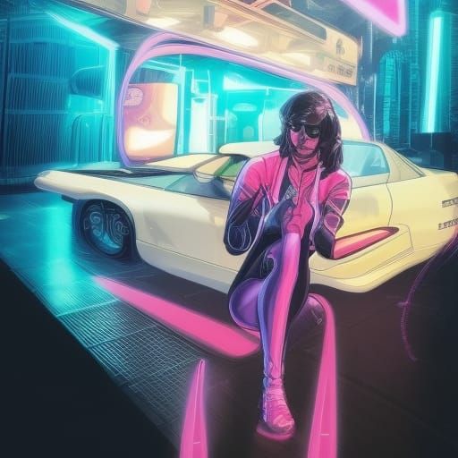 Pink Steampunk Saucer in Cyberpunk Wormhole, Comic Art