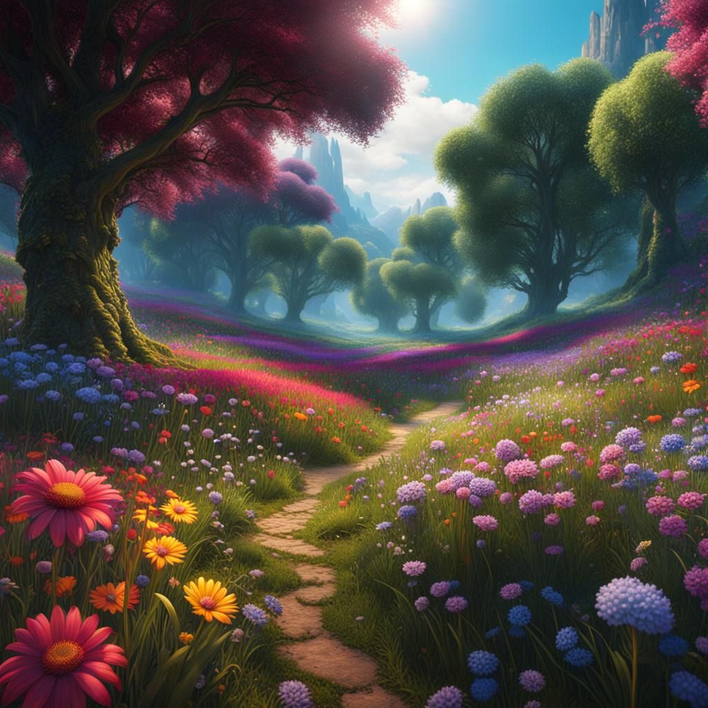 Lush Flower Meadow: Detailed Matte Painting