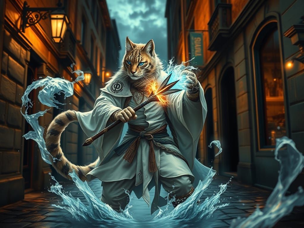 Majestic Feline Warrior in Arcane Battle Stance