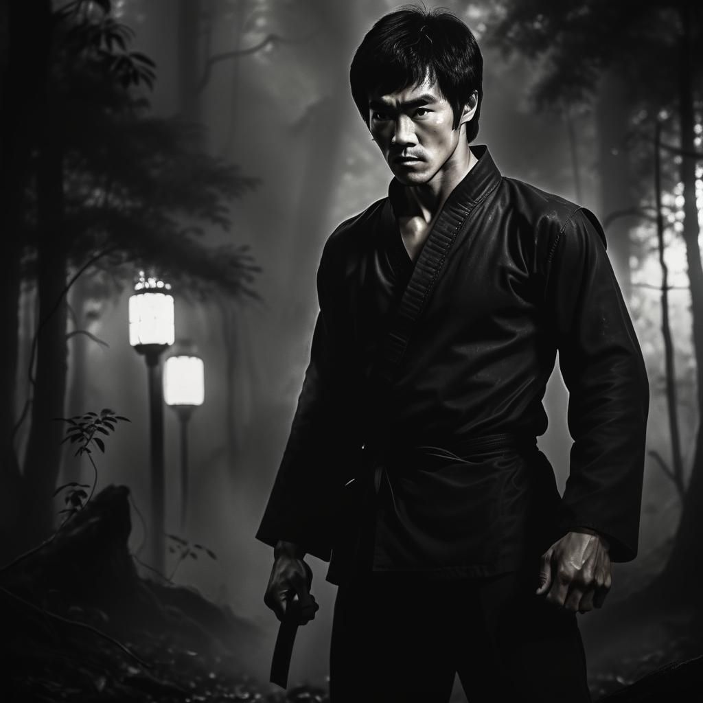 Bruce Lee Portrait in Misty Forest