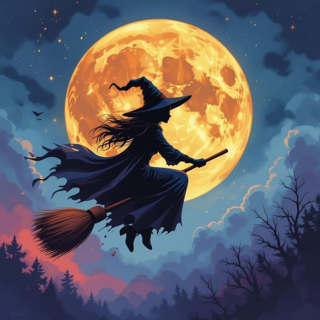 Witch on Broomstick Under Full Moon in Splatter Art Style
