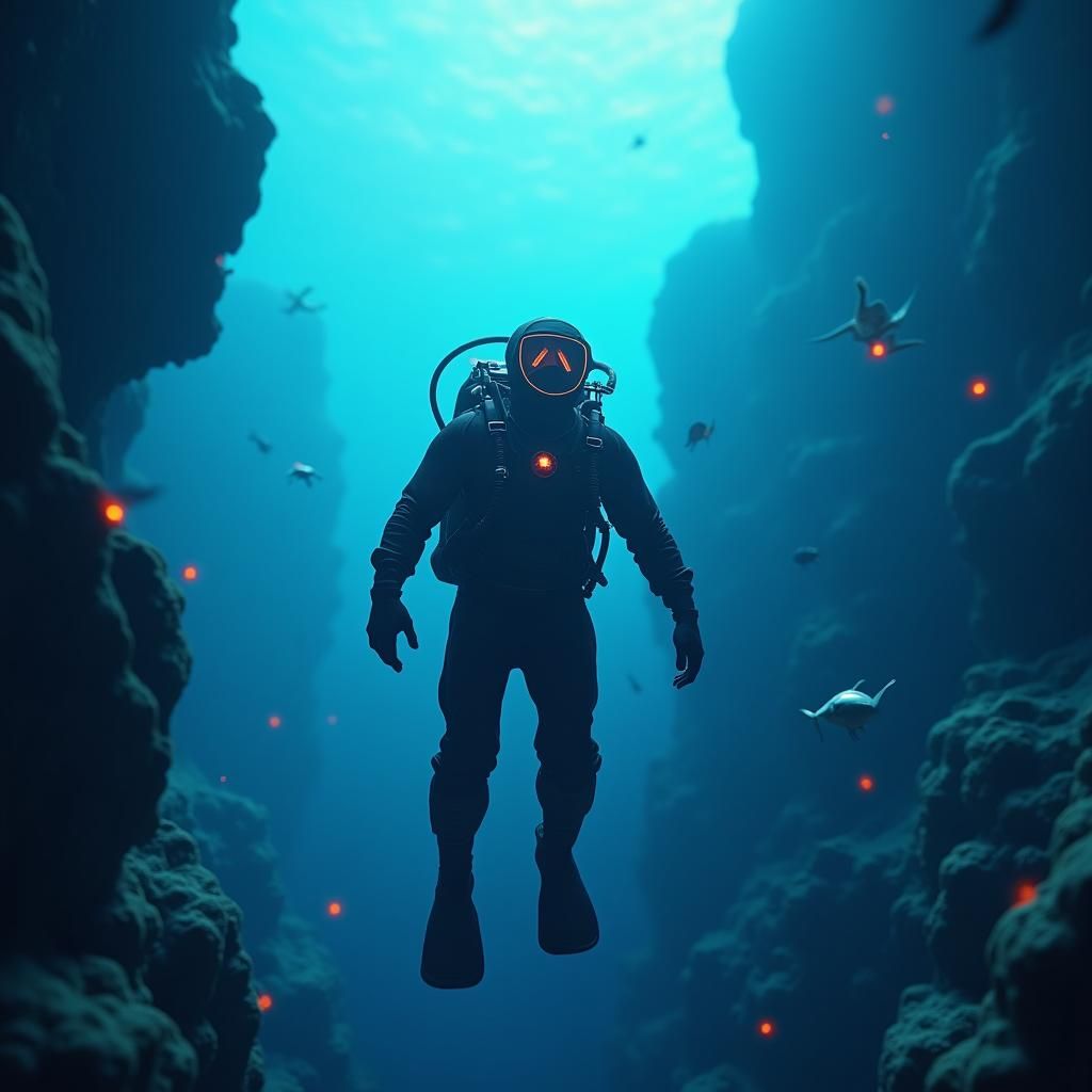 Deep Sea Explorer in Bioluminescent Abyss