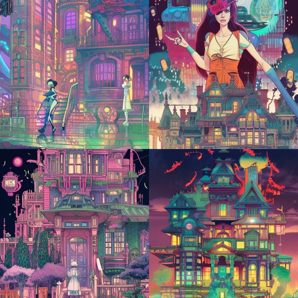 Cyberpunk Victorian Mansion Illustration in Comic Book Style