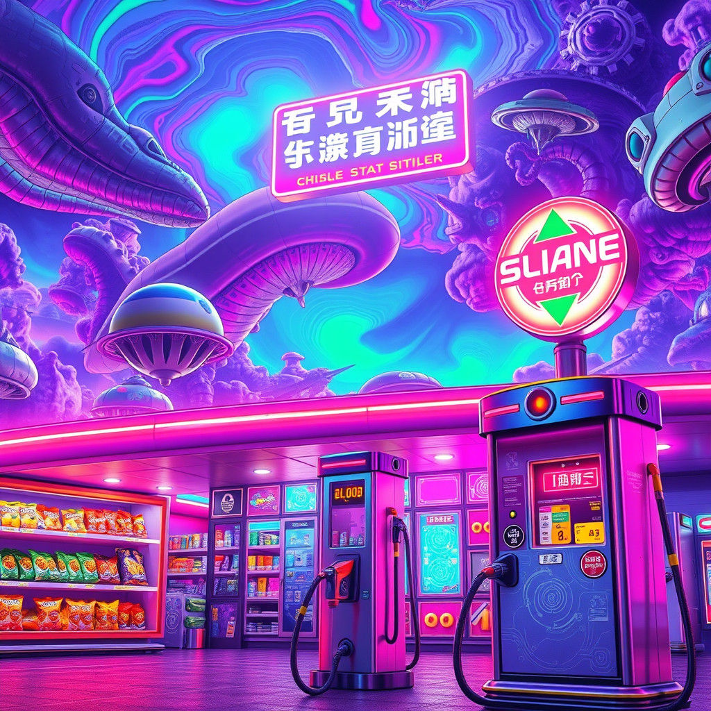 Extraterrestrial Gas Station in 80s Futuristic Style