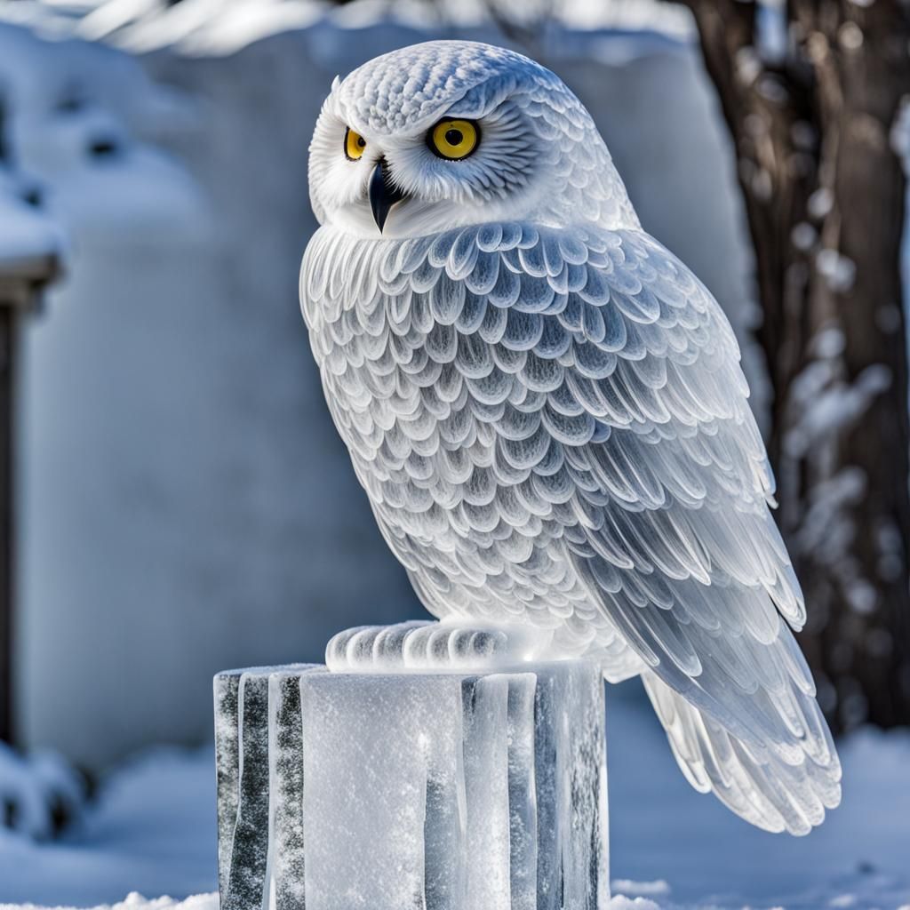 Snowy Owl Ice Sculpture in Winter