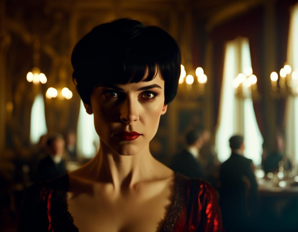 Eerie Edwardian Woman with Glowing Eyes, Dramatic Lighting