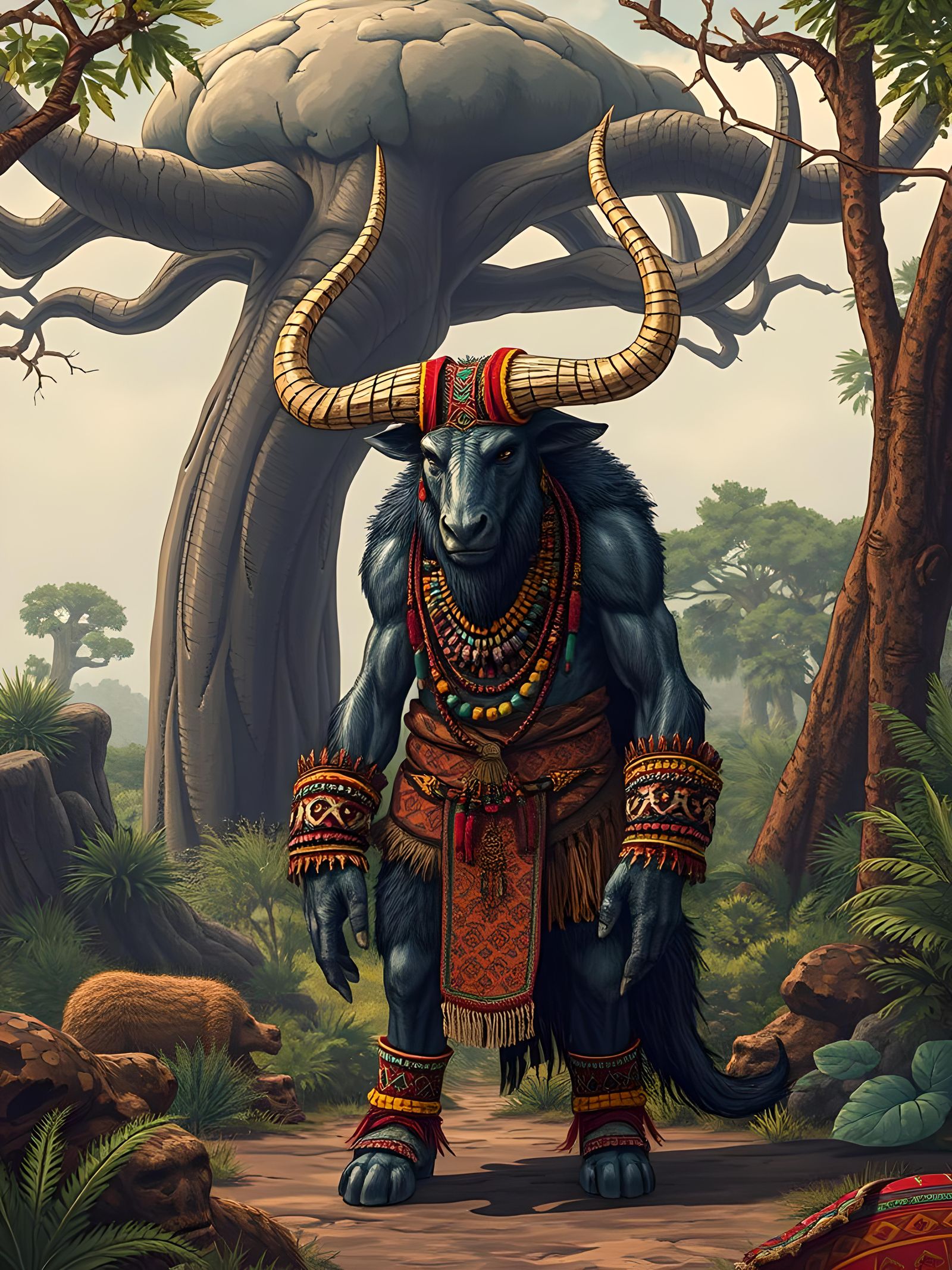 Minotaur Shaman in Zulu Aesthetic, Digital Art