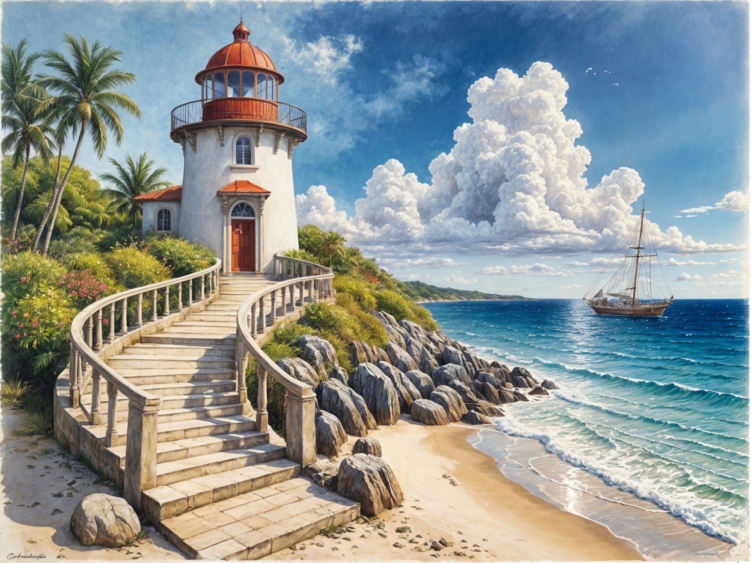Tropical Beach Lighthouse in Watercolor Style