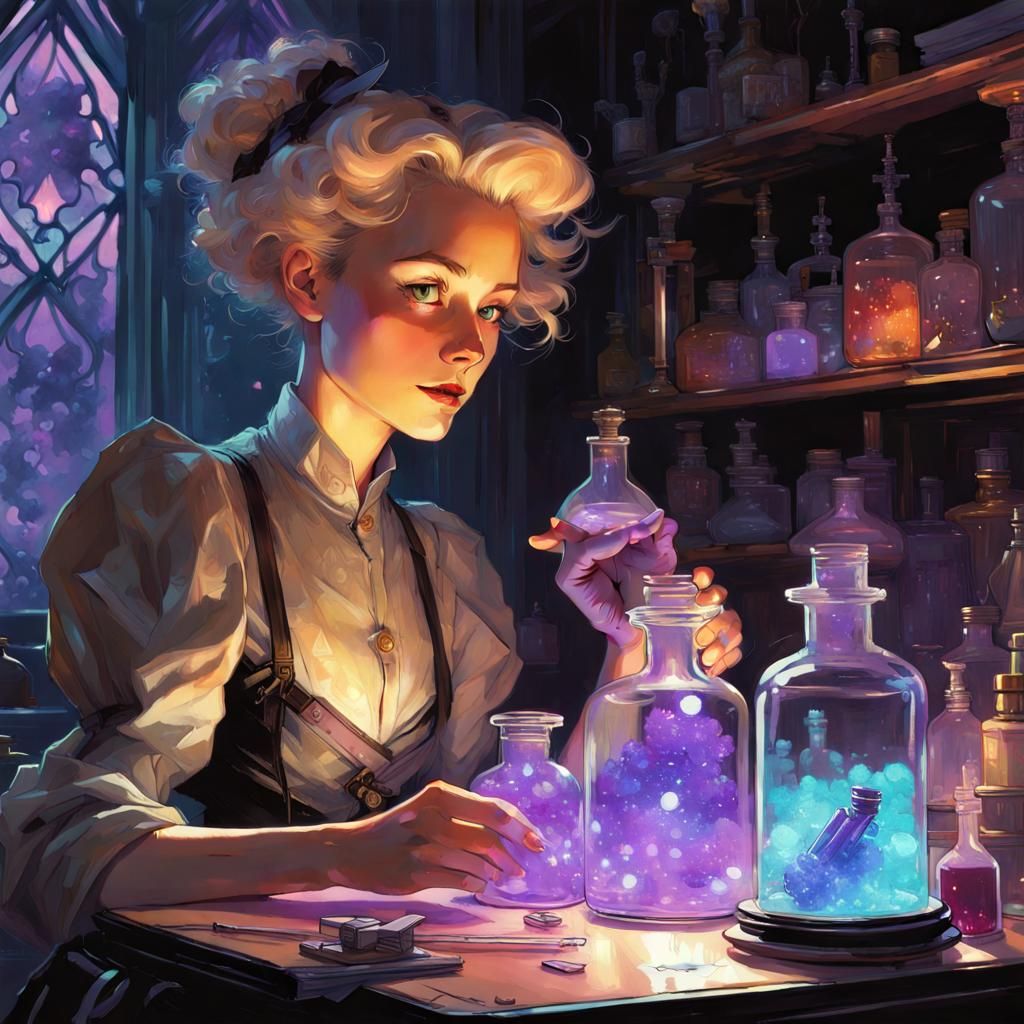 Marie Curie in Fairy Room with Glowing Potions