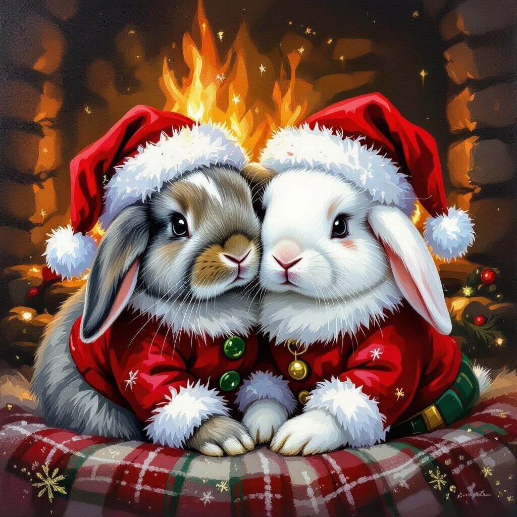 Sweet Lop Eared Rabbits in Christmas Hats by Fireplace
