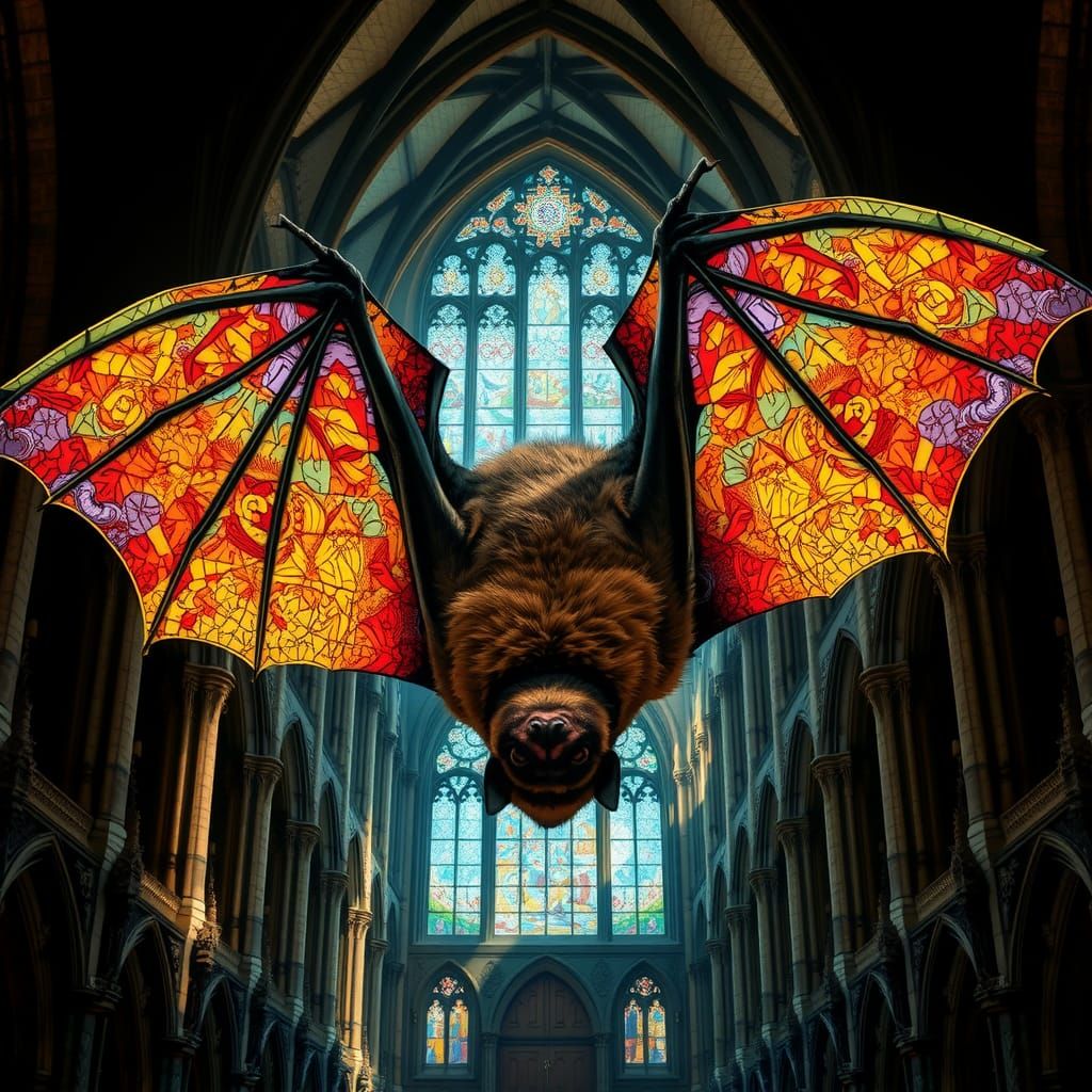 Stained Glass Bat in Cathedral, Art Nouveau Style