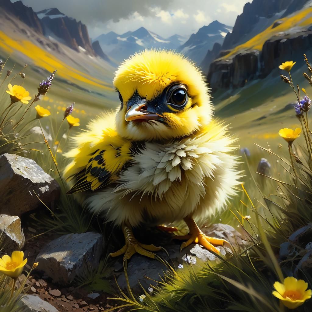 Fluffy Chicks in Mountain Meadow: Fine Art Painting