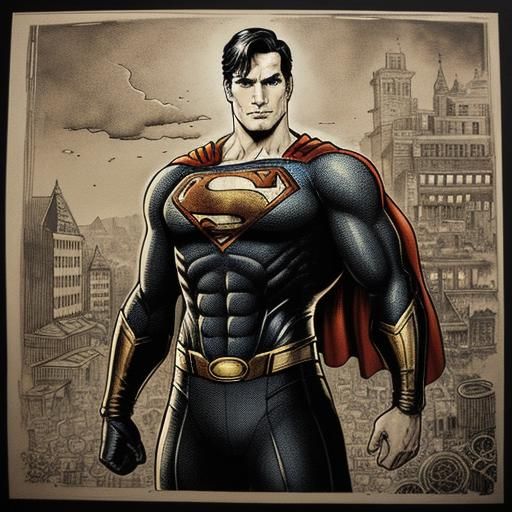 Superman in Steampunk Cityscape: Vintage Ink Painting