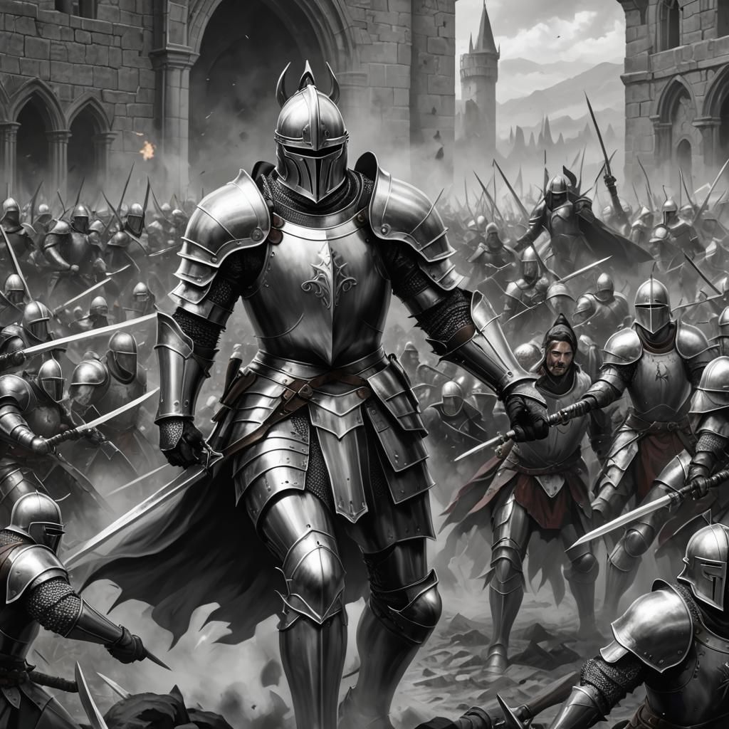 Monochrome Knight in Epic Battle, Hyperdetailed Charcoal Dra...