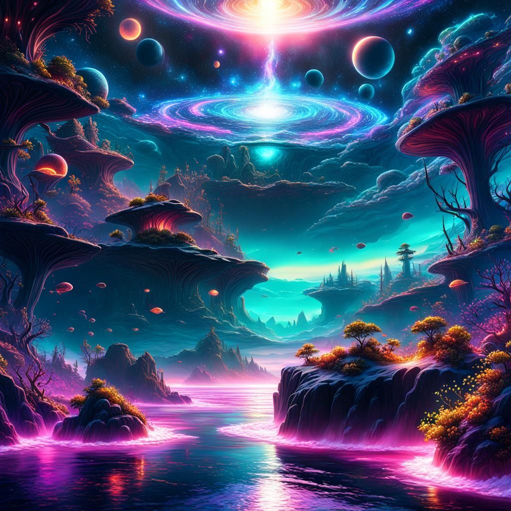 Neon Galaxy Over Mysterious Sea: Digital Art