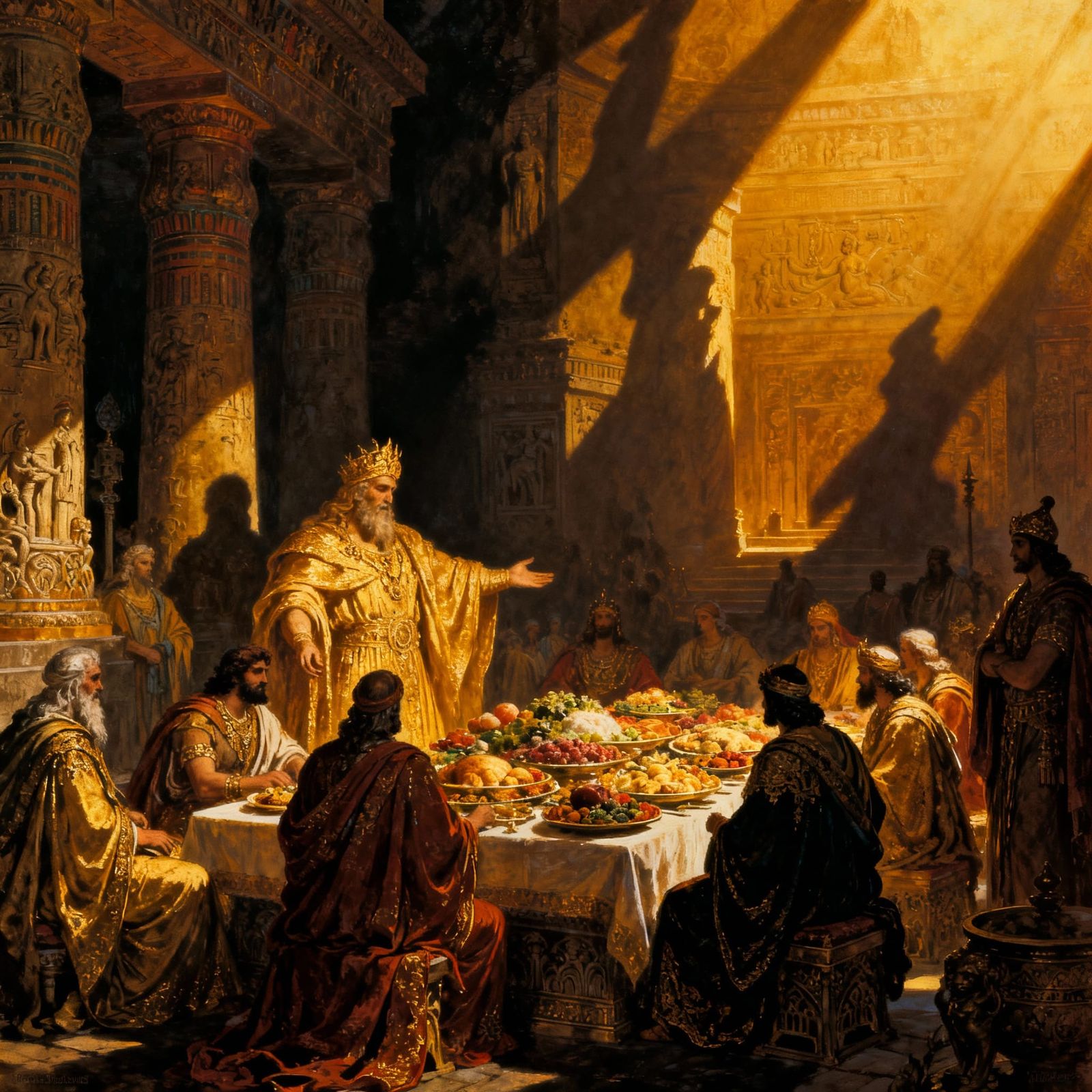 Dramatic Temple Scene with Figures and Feast, Chiaroscuro St...