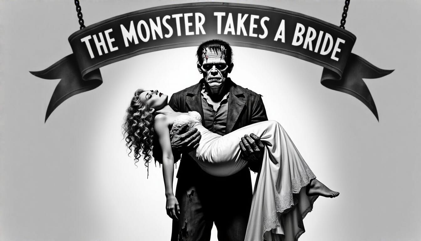Frankenstein's Monster Carries Bride in 1930s Horror Scene