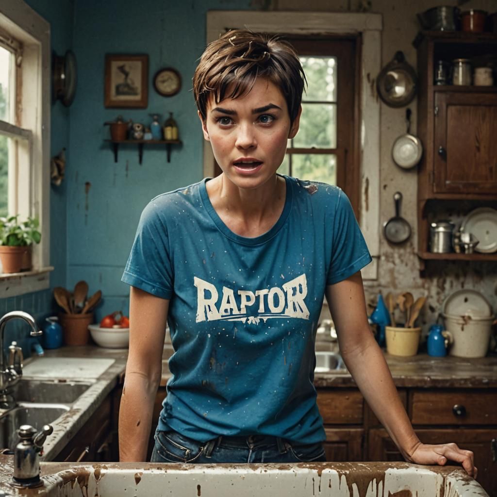 Cinematic Kitchen Scene: Woman's Surprised Reaction