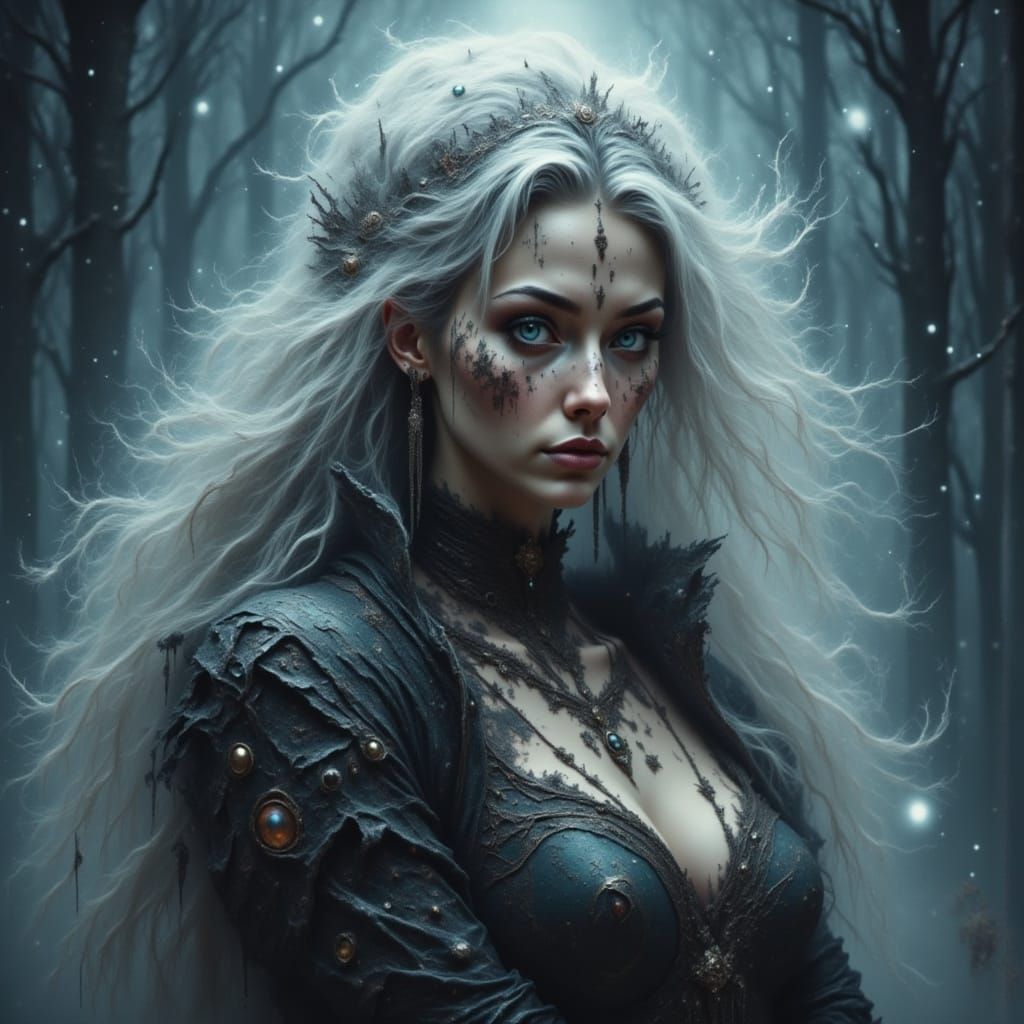 Fae Crone Witch in Winter Storm